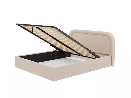 Lit coffre 160 x 200 cm - Tissu bouclette - Beige + Matelas - FIREZA