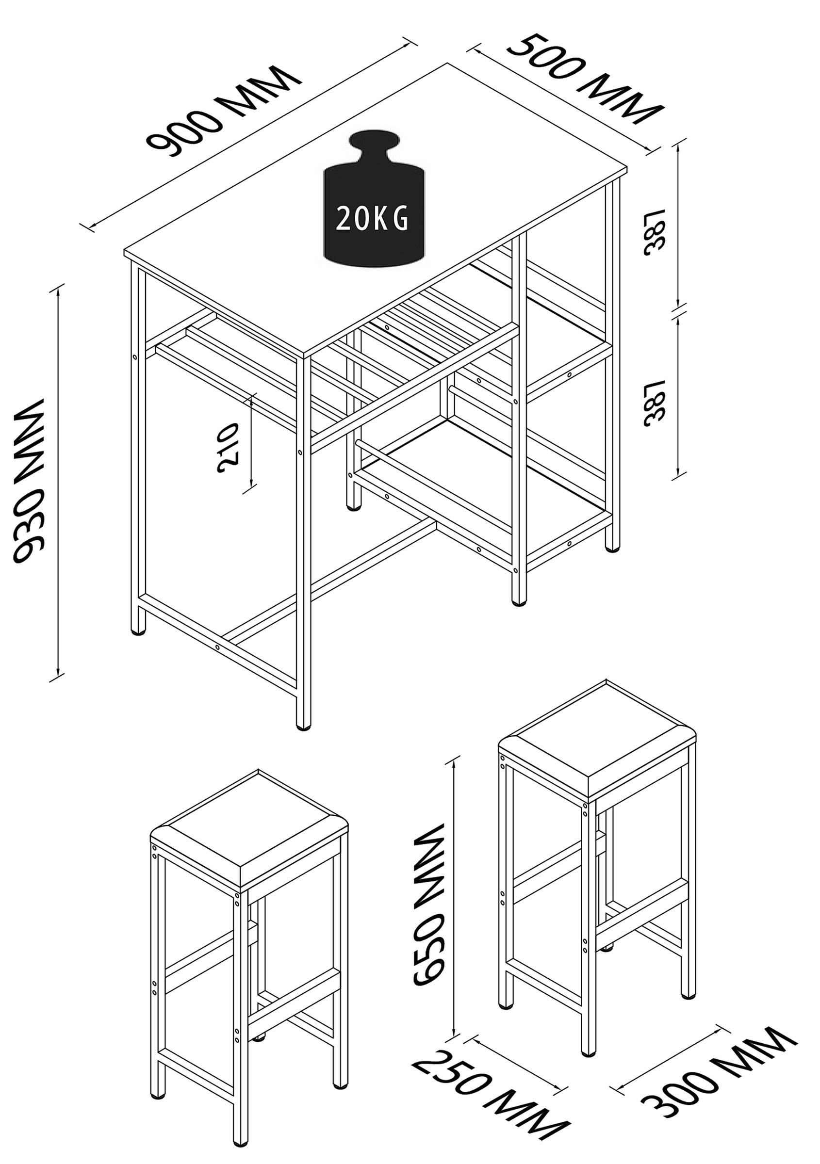 VCM 3 tlg. Set Bartisch Tresen Stehtisch Bistrotisch Bartresen Bockerhocker Kolari