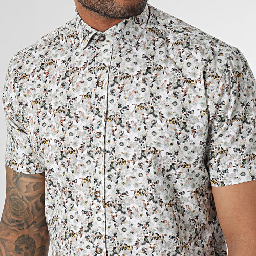 Chemise Manches Courtes Blanc Vert Kaki Floral