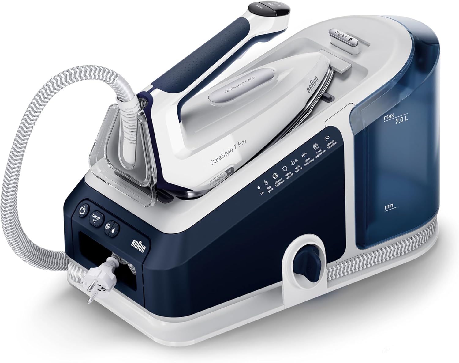 Braun CareStyle 7 Pro Dampfbügelstation IS 7282 BL – Dampfbügeleisen mit FreeGlide 3D Bügelsohle, iCare-Funktion, abnehmbarer 2 L Wassertank, Dampfstoß 600 g/min, 2700 Watt, Blau/Weiß