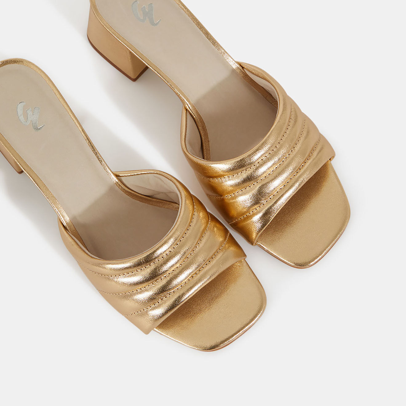 Galeries Lafayette Mules à talon en Cuir matelassées dorées - Talon 6 cm