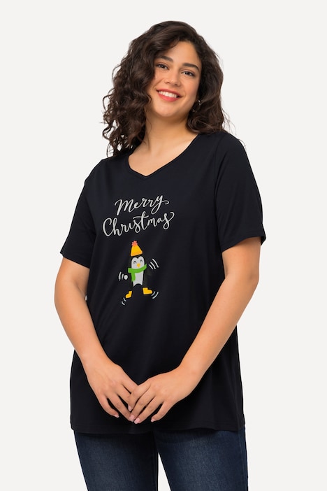 Weihnachts-Shirt, Pinguin, A-Linie, V-Ausschnitt, Halbarm