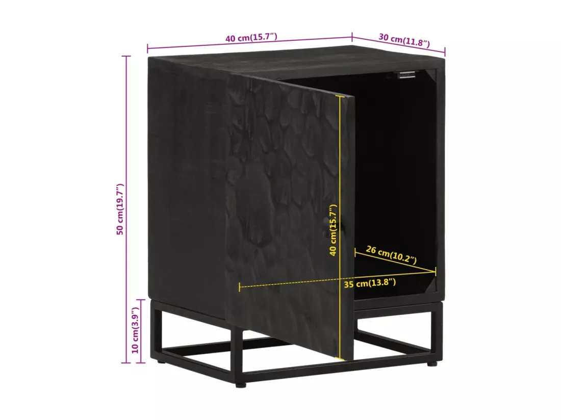 Table de chevet noir 40x30x50 cm bois massif manguier et fer
