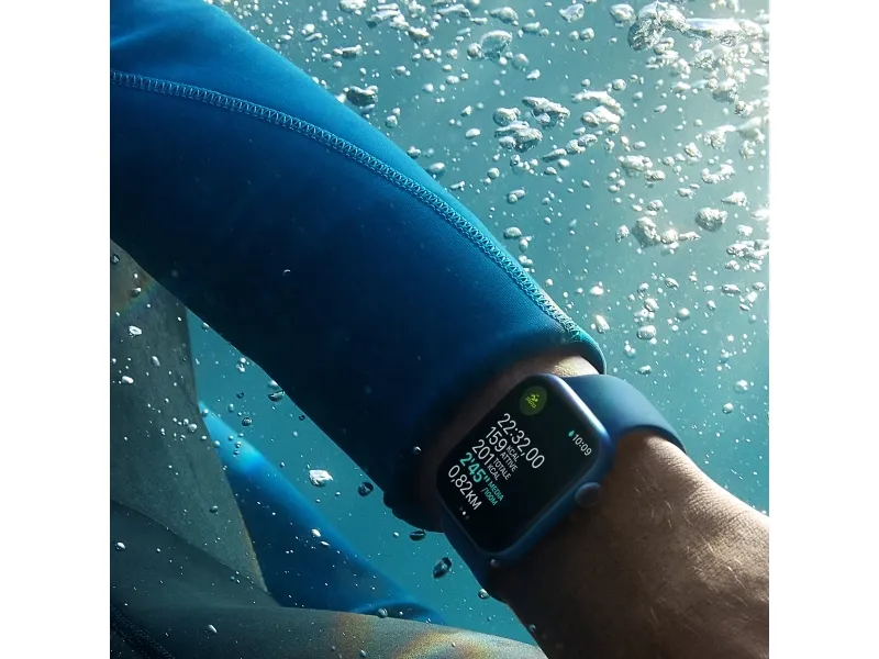 [OUTLET] - Apple Watch Series 7 (GPS) - 41 mm - blå aluminium - smart ur med sportsbånd - fluoroelastomer - afgrundsblå - båndstørrelse: Almindelig - 32 GB - Wi-Fi, Bluetooth - 32 g