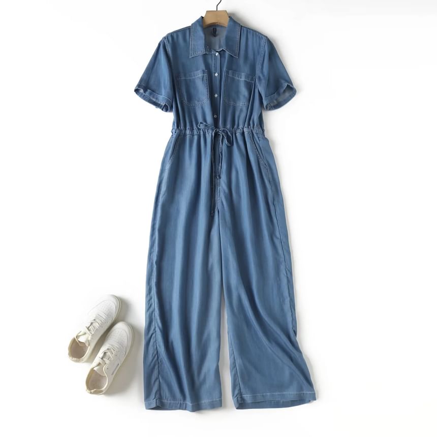 Aigan - Denim jumpsuit met korte mouwen, knoopsluiting en trekkoord