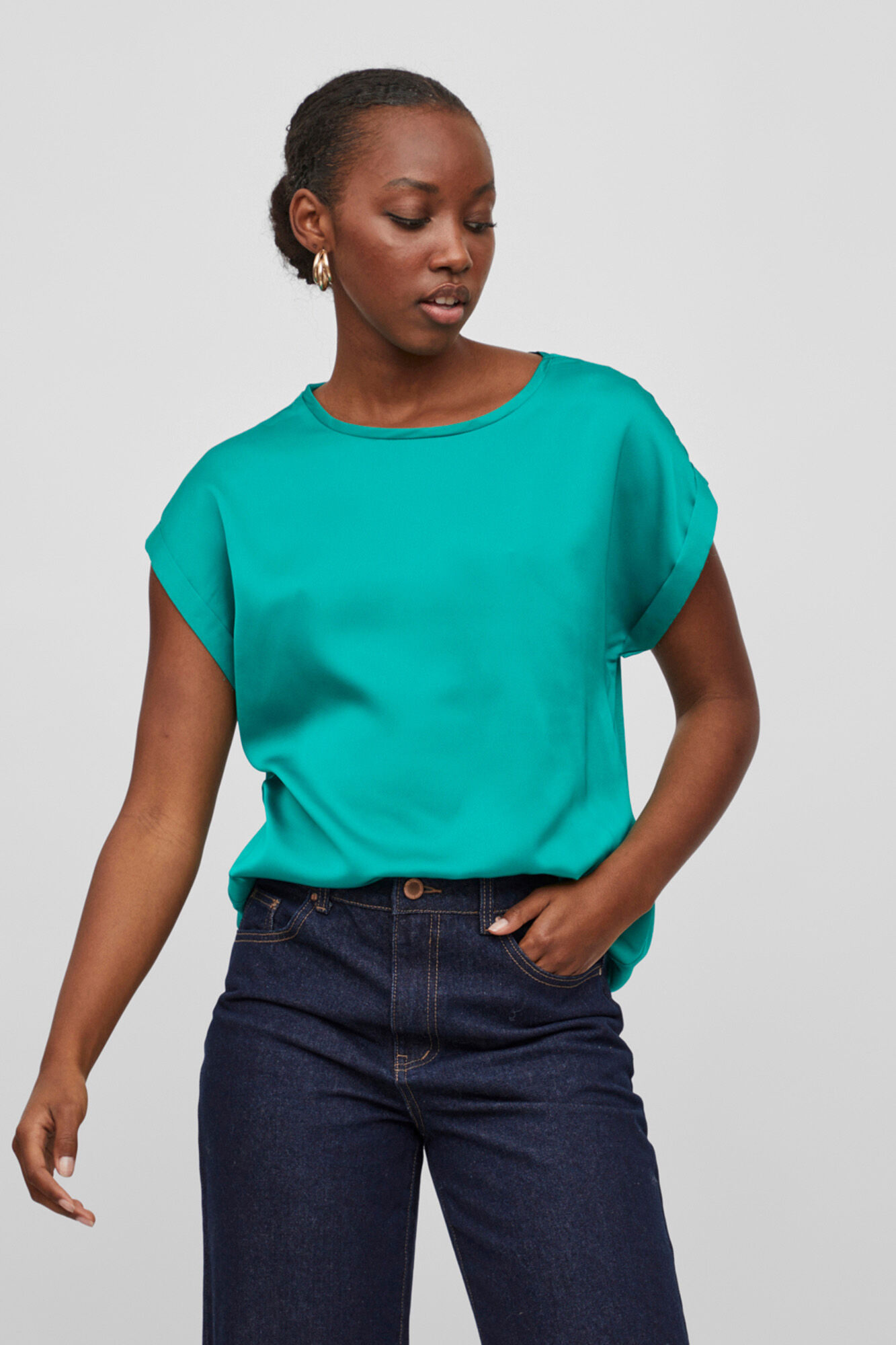 Blusa de cetim de manga curta - Verde