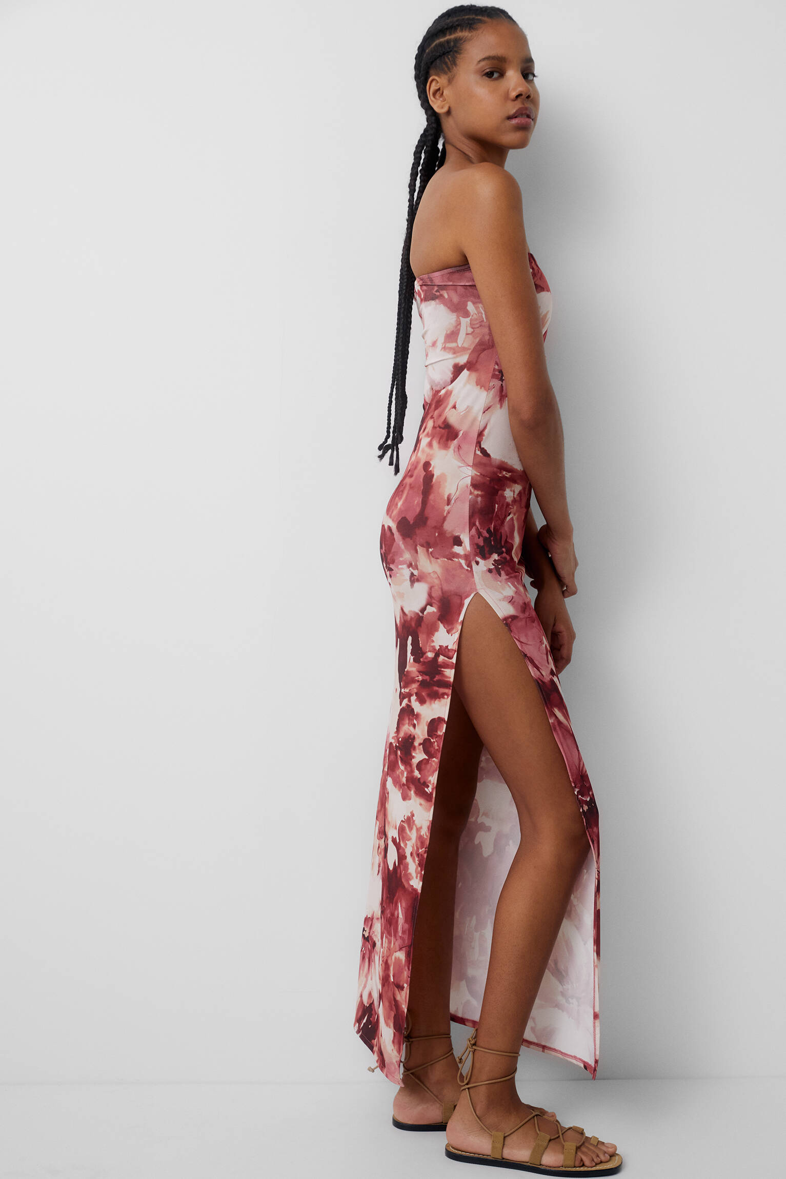VESTIDO LONGO COM ESTAMPA FLORAL - BORDÔ