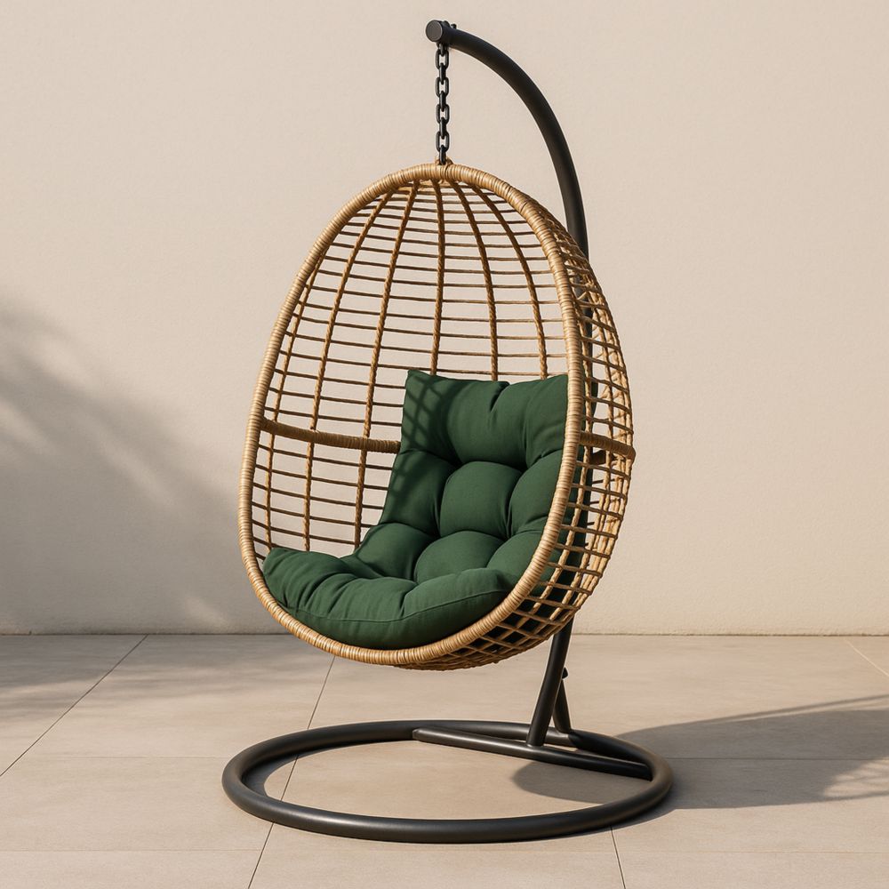 Garten Hängesessel Rattan Naturform Edelstahlrahmen Grün Polyesterkissen 195x105 cm