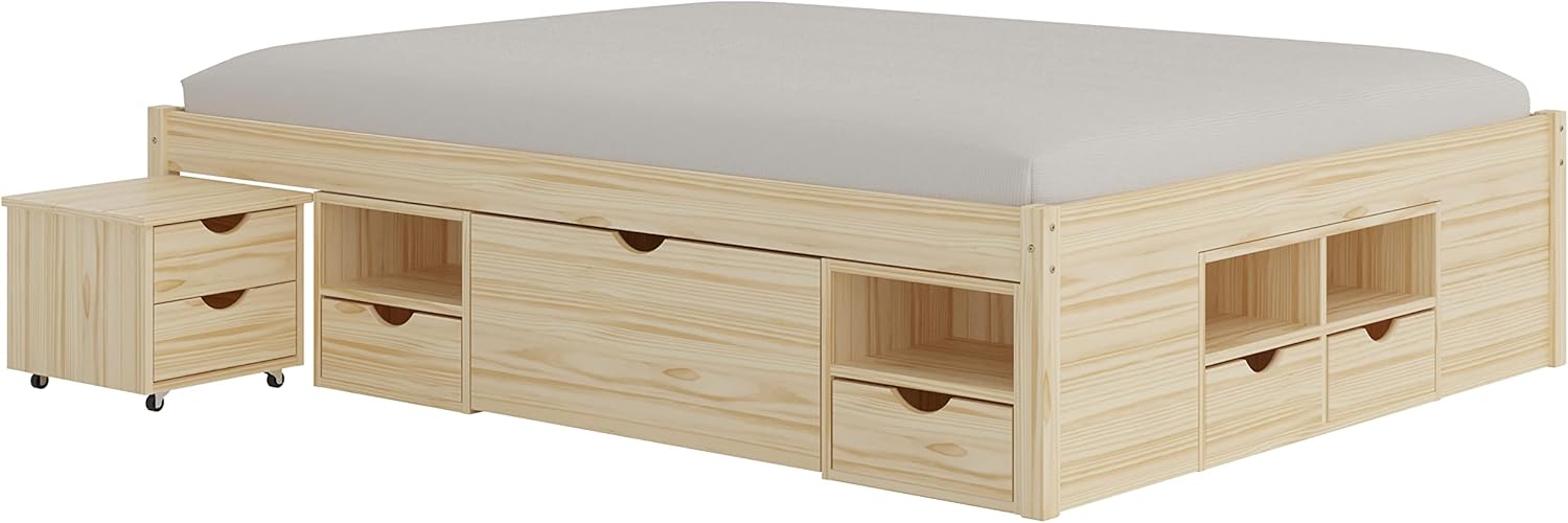 Inter Link - Funktionsbett - Bett mit Schubladen - Doppelbett 160 x 200 cm - 2 Große und 4 kleine Schubladen - Nachtkommode - Kiefer massivholz - Inkl Lattenrost - Natur lackiert - Claas