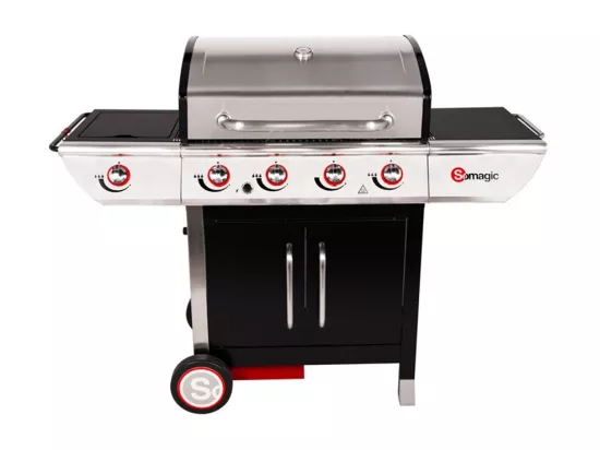 Barbecue à gaz avec chariot Manhattan 450GPI, 4 brûleurs, 1 réchaud latéral et plancha - Somagic