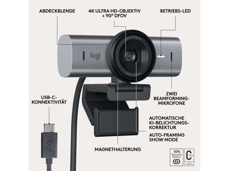 Logitech Webcam MX Brio 705 for Business 4K-Business-Webcam mit KI-gesteuerten Funktionen und erstklassiger Bildqualität