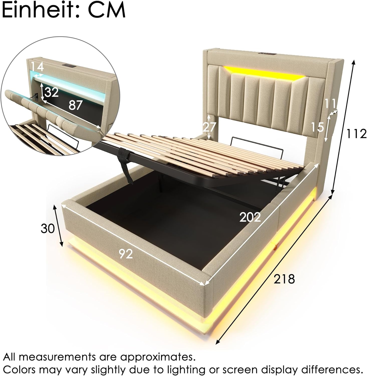 Kebnor Polsterbett Doppelbett, Stauraum-Kopfteil, LED-Beleuchtung am Kopf- und Fußende des Bettes, mit Hydraulischem Stauraum, Leinen. (Ohne Matratze) (Beige, 90x200cm)
