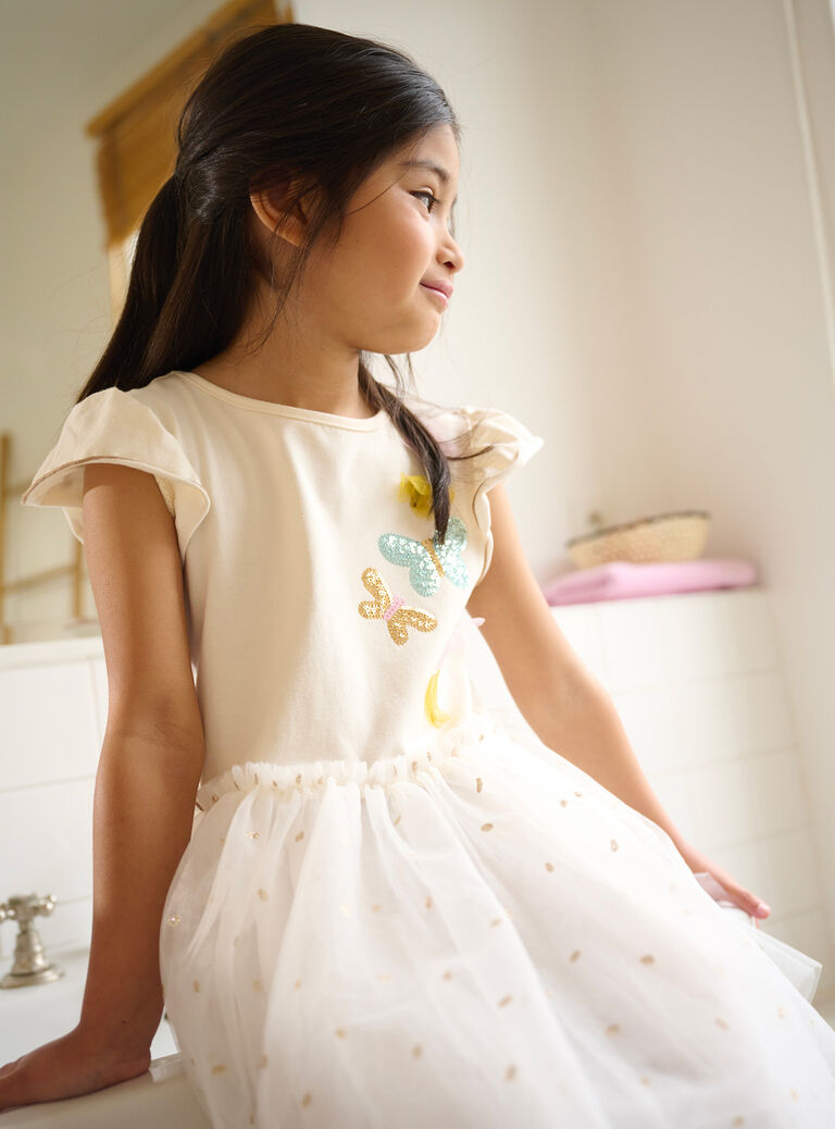 Robe écru bi-matière animation papillons pour fille