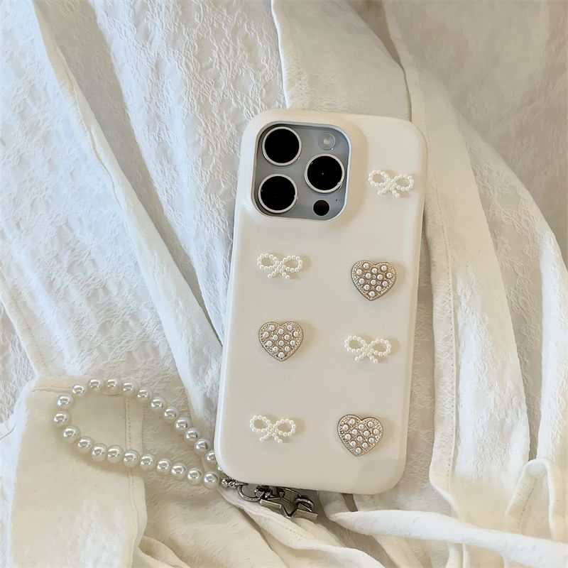 Fonekase - Kunstparel Strik Hart Telefoonhoesje / Charm / Set - iPhone 16 Pro Max / 16 Pro / 16 Plus / 16 / 15 Pro Max / 15 Pro / 15 Plus / 15 / 14 Pro Max / 14 Pro / 14 Plus / 14 / 13 Pro Max / 13 Pro / 13 / 13 Mini