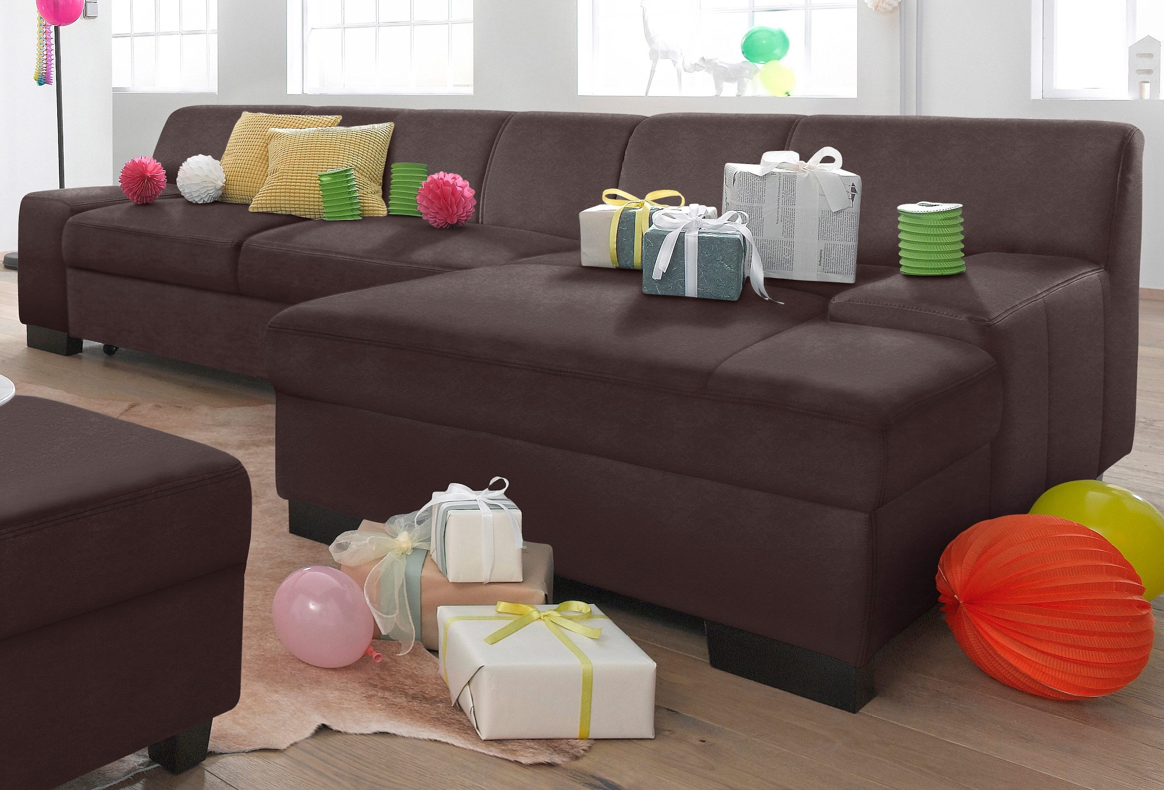 DOMO collection Ecksofa »Norma, elegant & modern, mit flachen Armlehnen, Breite 268cm, L-Form« wahlweise mit Bettfunktion
