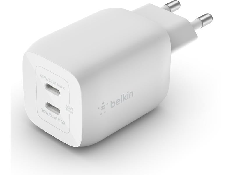 Belkin USB-Wandladegerät Dual USB-C GaN PD 65W   USB-C-Kabe Dual USB-C GaN Wall Charger mit PPS 65W und mitgeliefertem USB-C Kabel