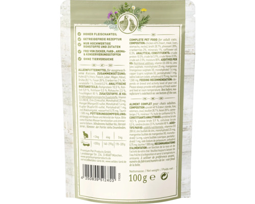 WILDES LAND natvoer voor katten, fazant en kip met veenbessen, met waardevolle superfoods, graanvrij, glutenvrij, 100 g