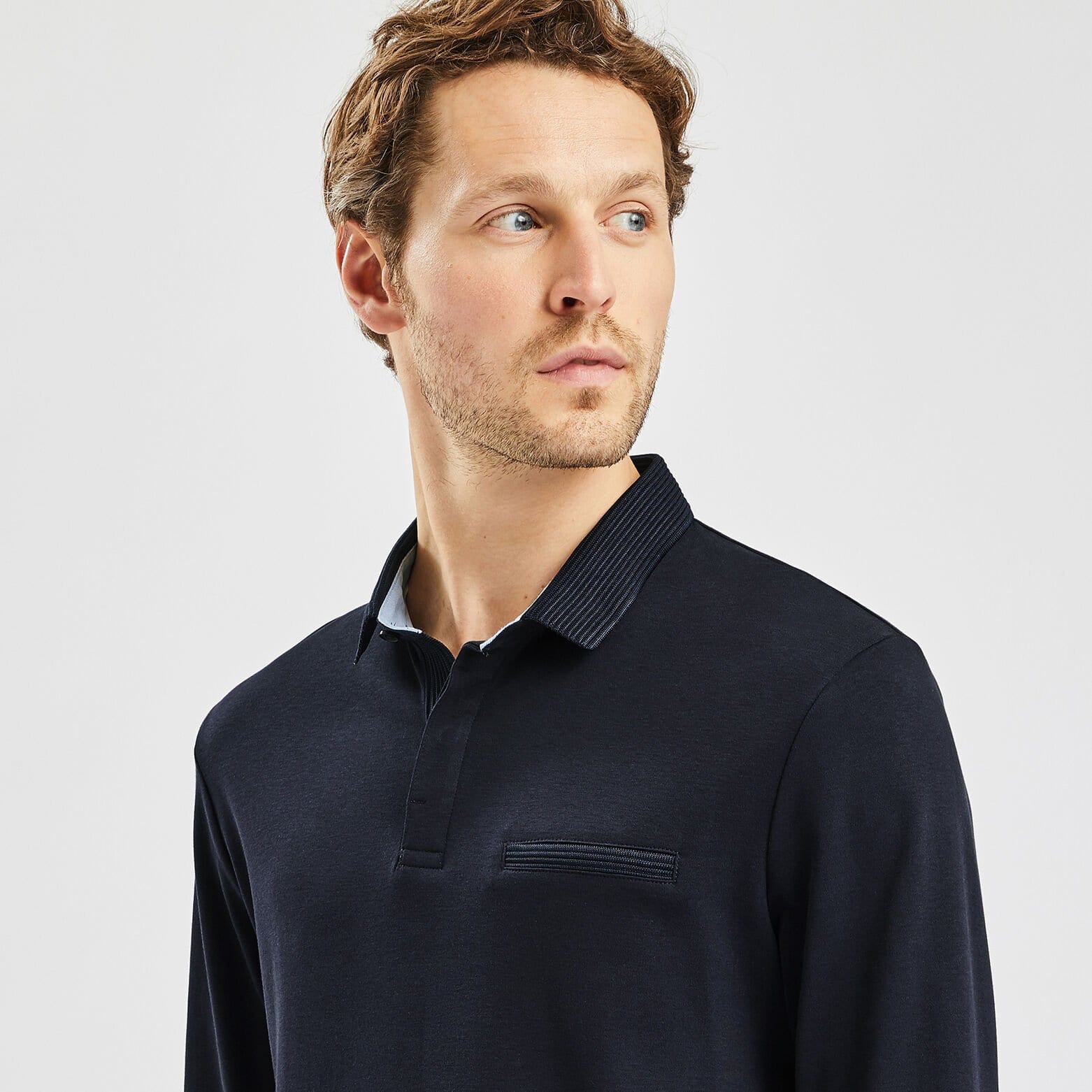 Polo manches longues interlock uni Bleu foncé