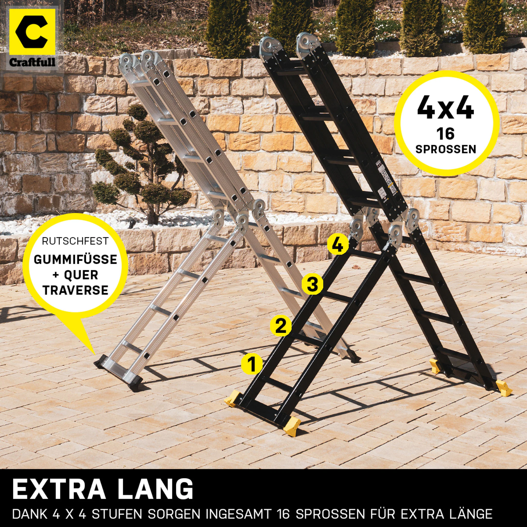 Craftfull Mehrzweckleiter CF-104A, 6in1, Gelenkleiter aus Aluminium, 3,5 -5,8 m, Anti-Rutsch-Profil (4.7 Meter 4x4 Sprossen)