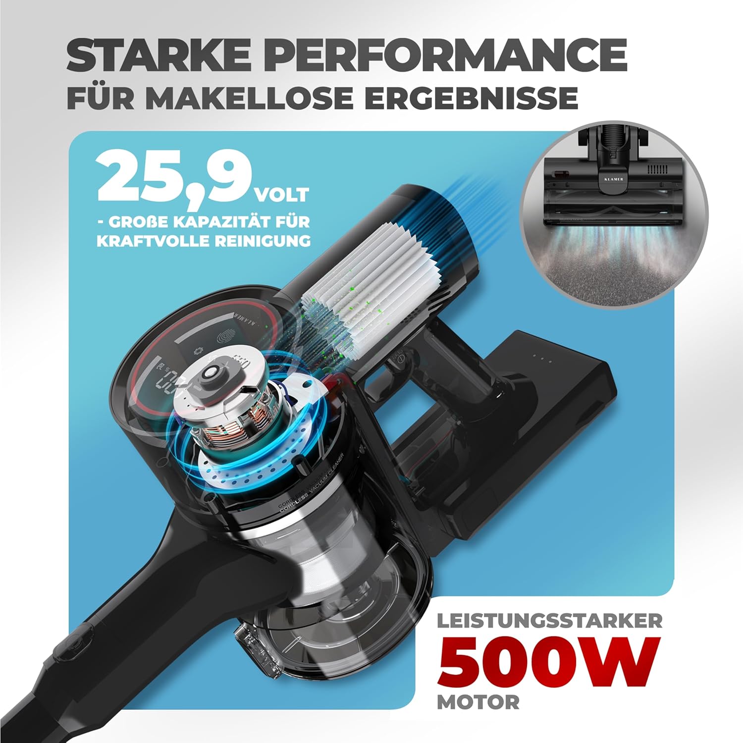 KLAMER Akku Staubsauger, 2-in-1 Staubsauger kabellos & Handstaubsauger, Akkulaufzeit bis 50 min, Akkustaubsauger mit HEPA Filter für Teppich, Auto & Hartböden