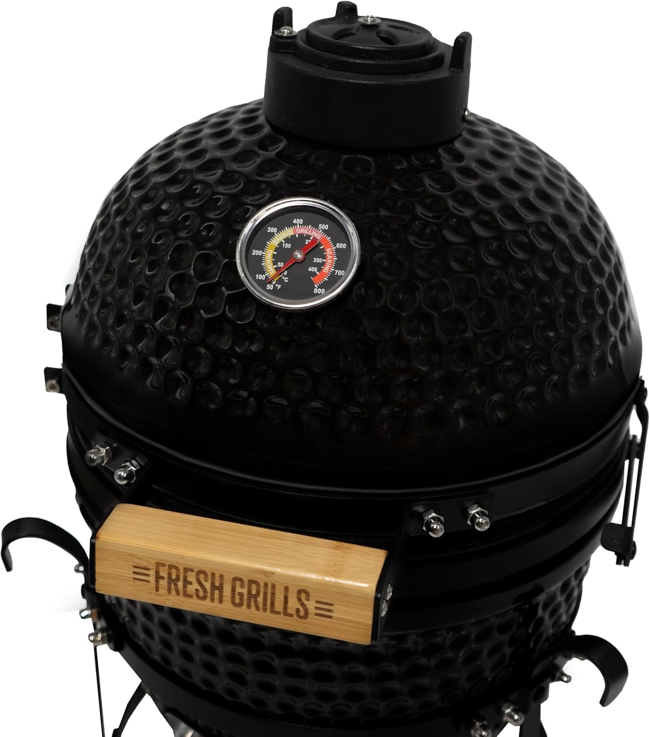 Fresh Grills 33cm Kamado Keramikgrill | Schwarz Holzkohlegrill BBQ Mini Ofen | Thermometer, Holzgriff, Oberer & Unterer Luftstrom | Outdoor Garten Grillen Garen Räuchern Smokern [mit Standfüßen]