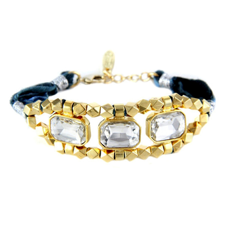 Ettika - Bracelet Cristal Blanc et Coton Rubans Tressés Bleu