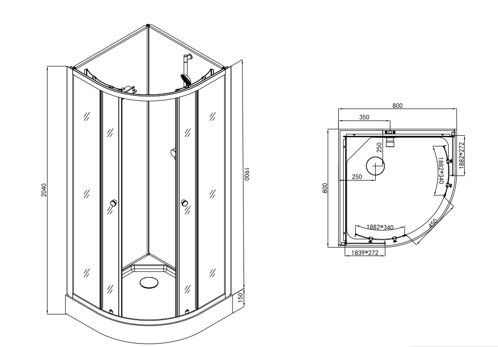 Badstuber Bela complete douchecabine kwartrond 80x80x203cm