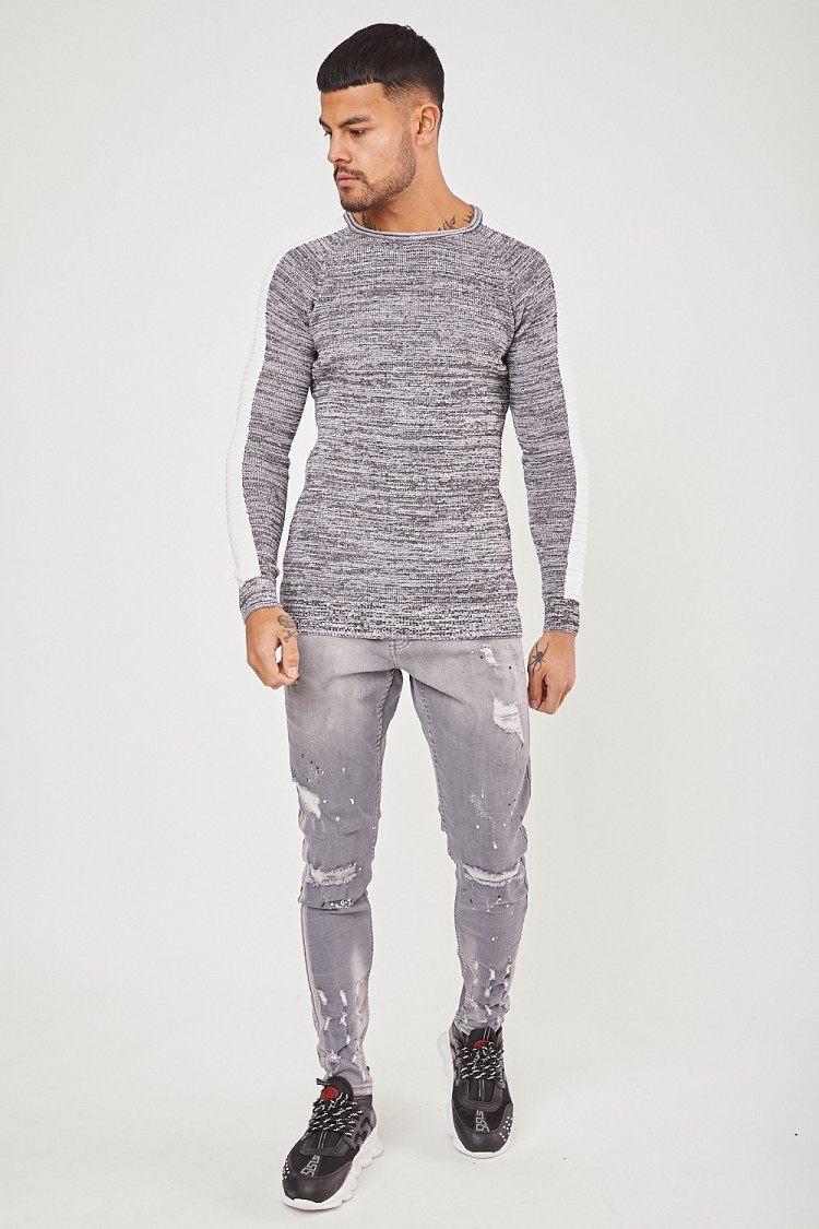 Pull gris chiné à bandes