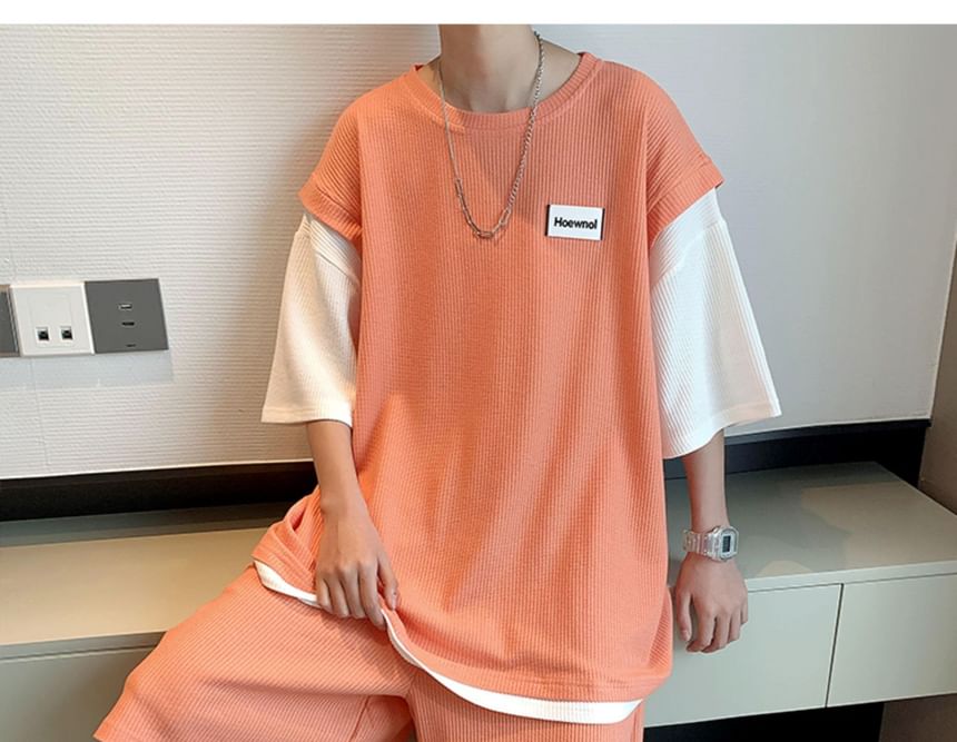 Diphon - Set: Mock tweedelig 3/4-mouw ronde hals two-tone T-shirt + elastische taille wijde pijpen shorts