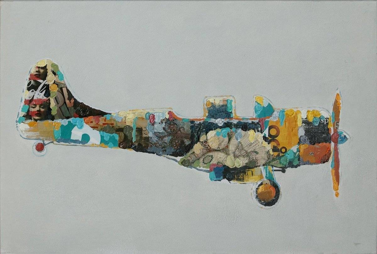 Öl-Wandbild FLUGZEUG - bunt - 90x60 cm
