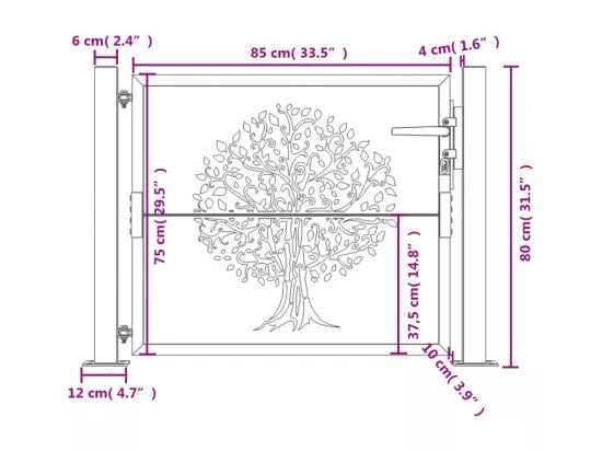 Portail de jardin anthracite 105x80 cm acier conception d'arbre