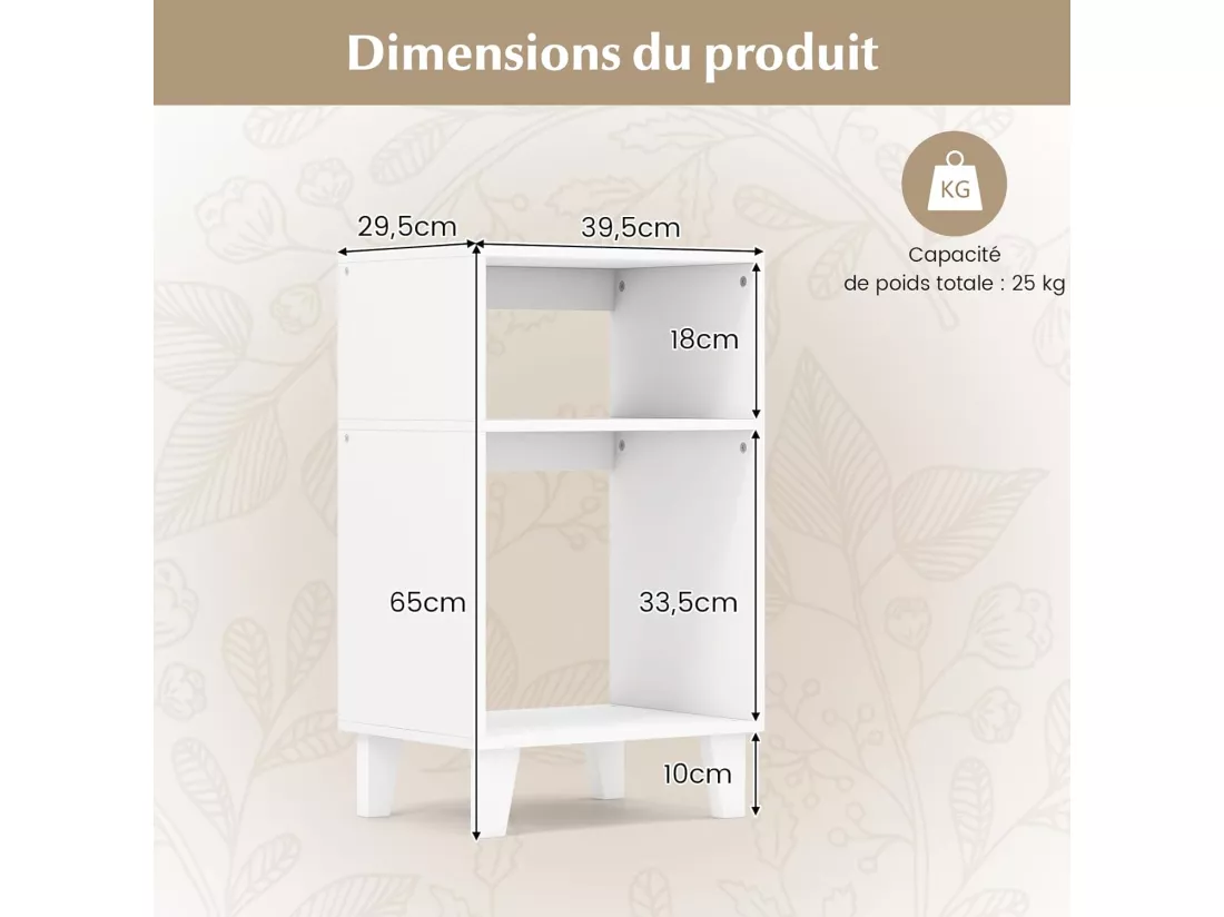 Table d'appoint 3 étagères, bout de canapé 4 pieds surélevés,39,5 x 29,5 x 65 cm