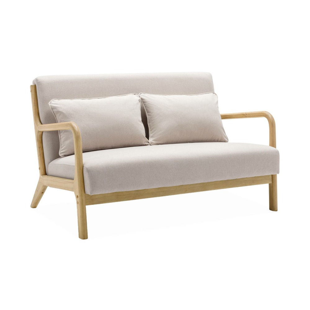 Banquette 2 places + fauteuil en bois et tissu beige