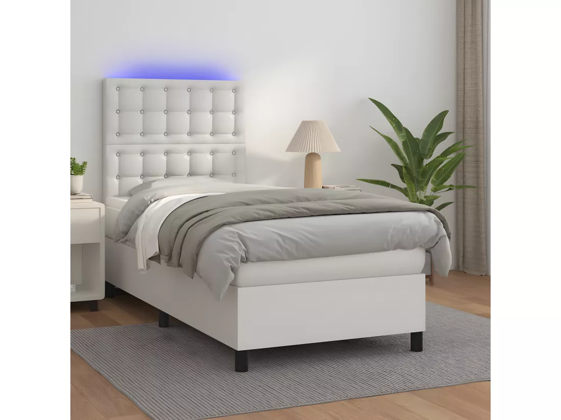 Sommier tapissier et matelas et LED Blanc 100x200 cm Similicuir