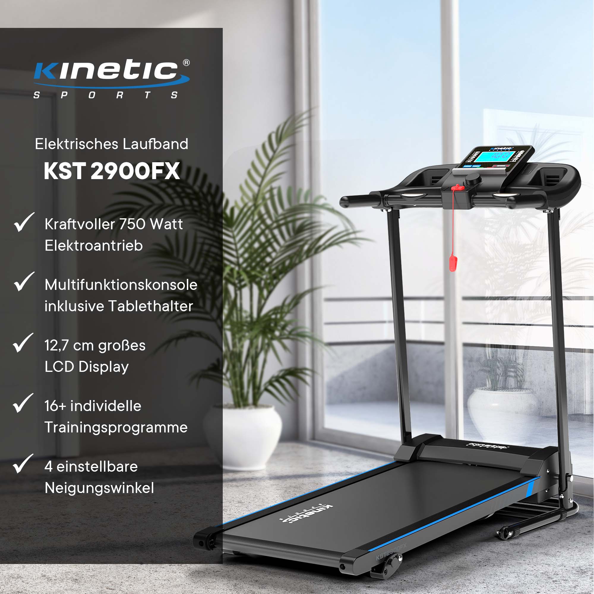 KINETIC SPORTS Laufband klappbar KST2900FX - 750 Watt leiser Elektromotor, Extra breite 40 cm Lauffläche, 16+1 Programme, Manuelle Steigung, Geh- und Lauftraining, LCD Display, 10 km/h, bis 120 kg | Standard