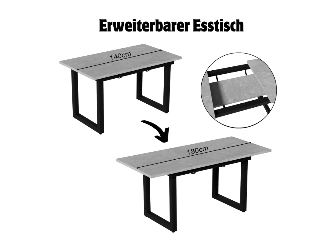 Table à manger extensible 4 à 6 couverts - 140/180 x 80 x 75 cm - MDF et pièds en fer - Effet marbre - Gris