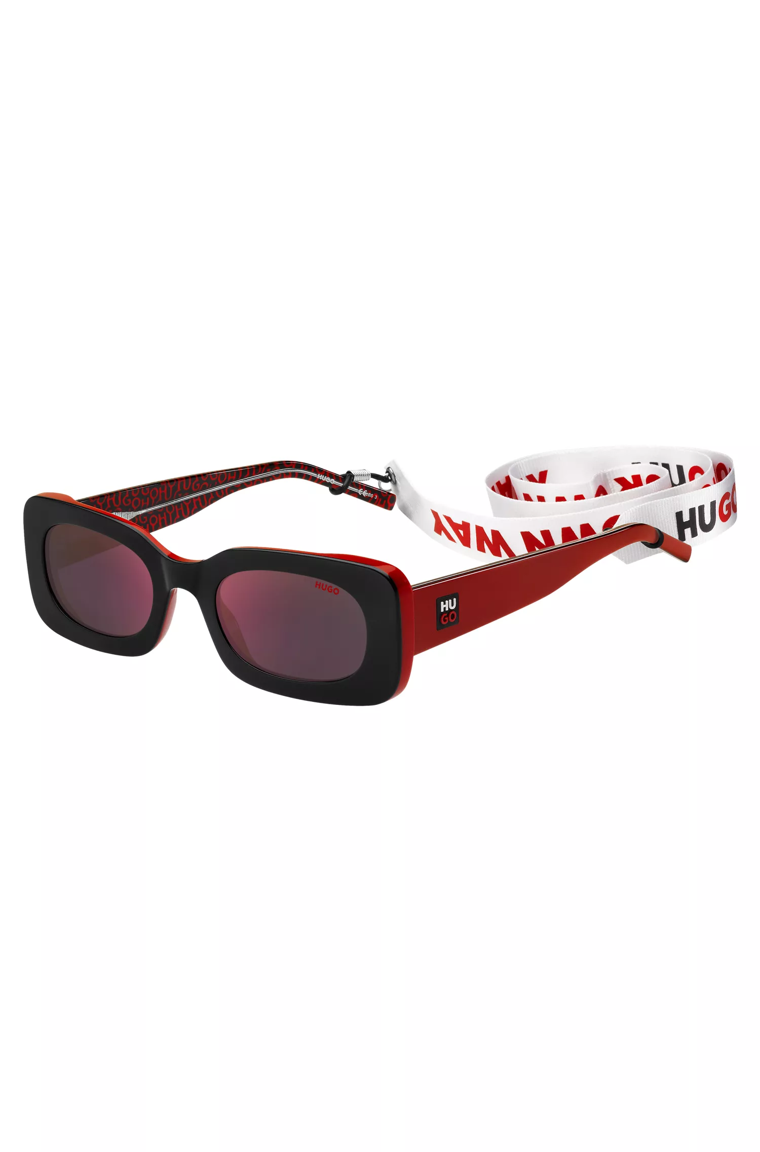 Óculos de sol HUGO em acetato vermelho e preto com alça removível com slogan.