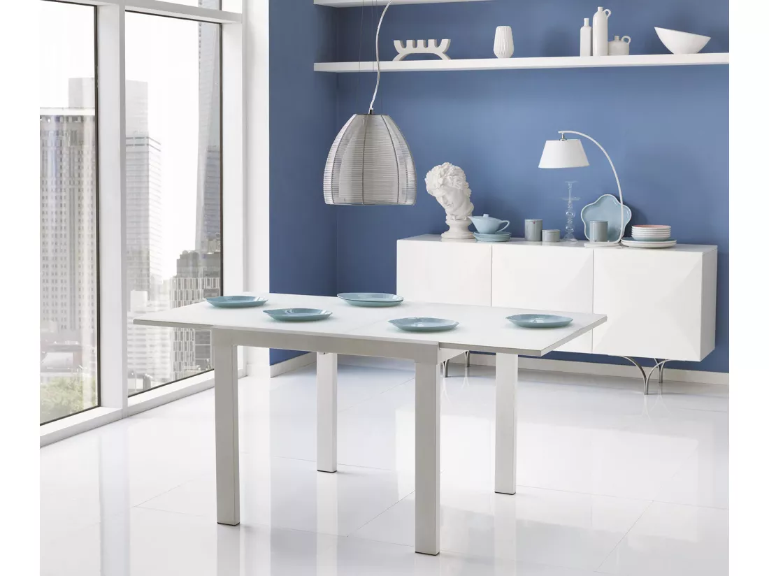 Banner Table Extensible (90/163,5 x 90 cm) en Verre Trempé Blanc