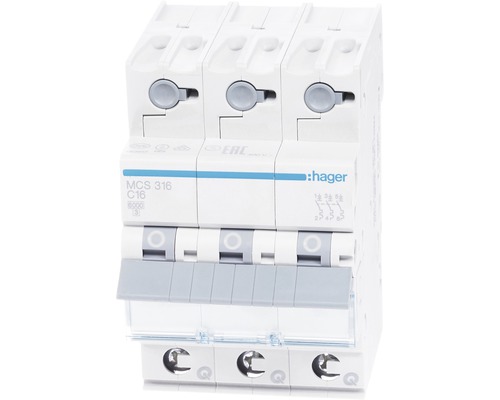 Hager MCS 316 16A miniatuurstroomonderbreker C 6 kA 3-polige snelkoppeling 3 modules
