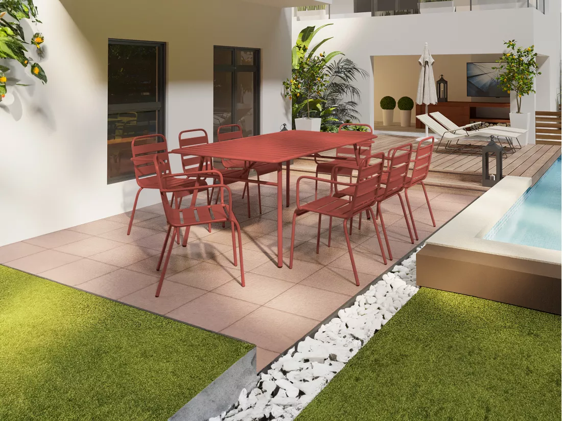 Salle à manger de jardin en métal - une table L.200 cm et 8 fauteuils empilables - Terracotta - MIRMANDE de MYLIA