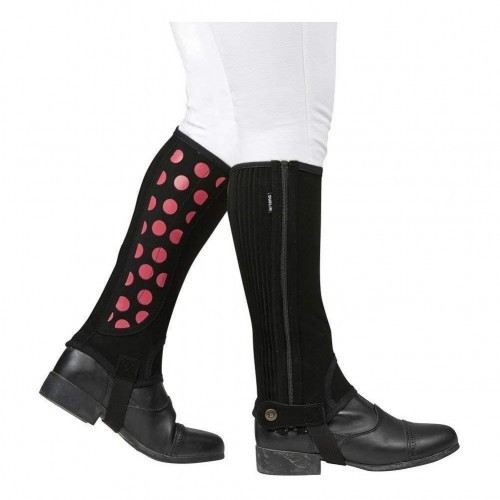 Calça legging infantil com estampa de bolinhas em preto/rosa.