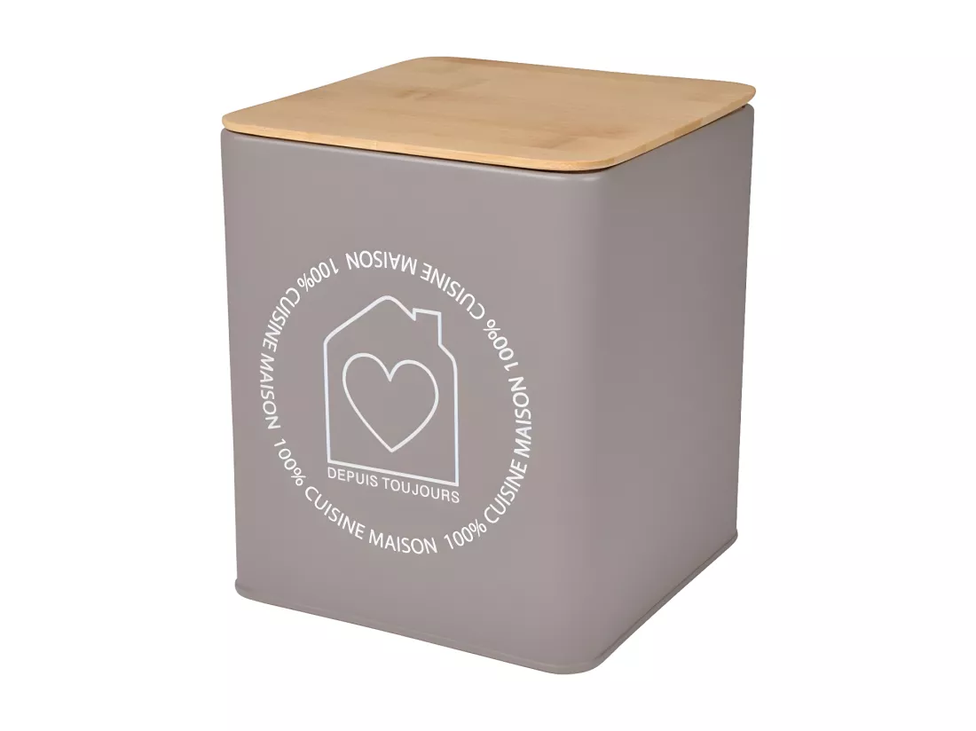 Boite en métal imprimée avec couvercle en bambou - Taupe - L 13 x l 13 x H 16 cm