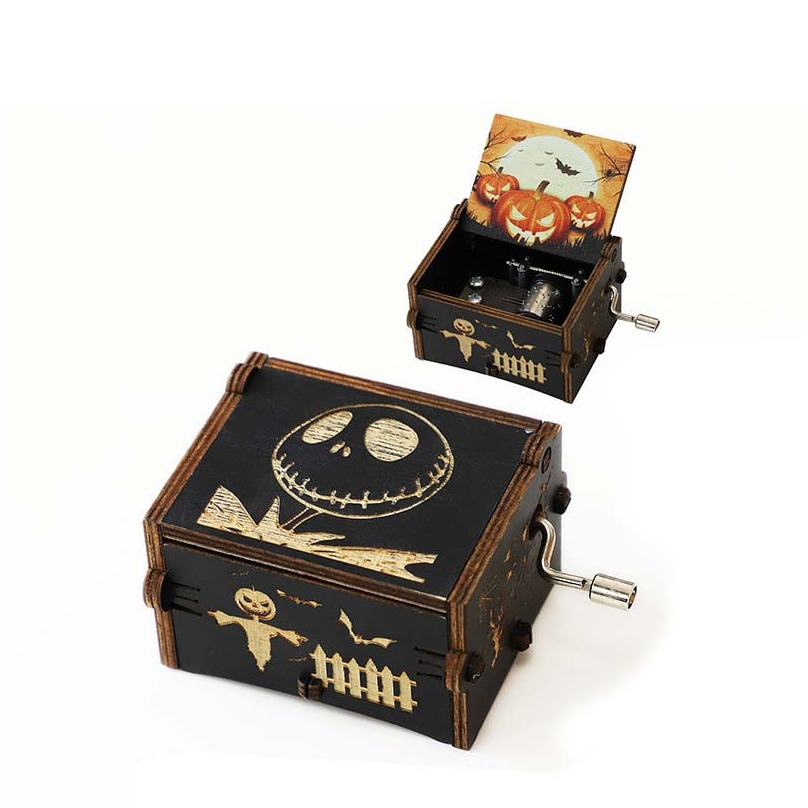 (10x6cm) Halloween Holz Spieluhr Home Dekoration Spieldose Musik Kästchen mit Handkurbel - Kürbis