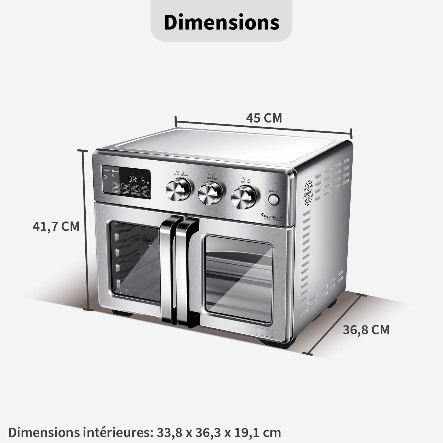 TurboTronic Mini Backofen - 4in1 Heißluftofen und Heißluftfritteuse XXL Version 32L inkl. Drehspieß & viel Zubehör, Dörrgerät ab 25°C & Grill, Airfryer, kleine Mini Tisch Back Pizzaofen (silber)