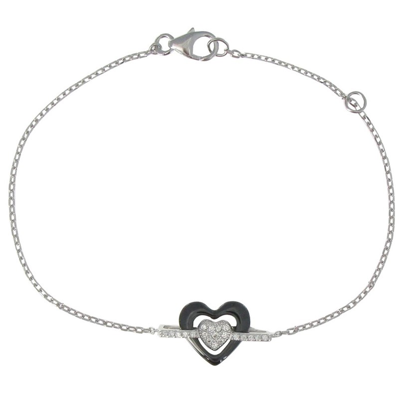 Bracelet Argent Rhodié Coeur Céramique Noire et Strass