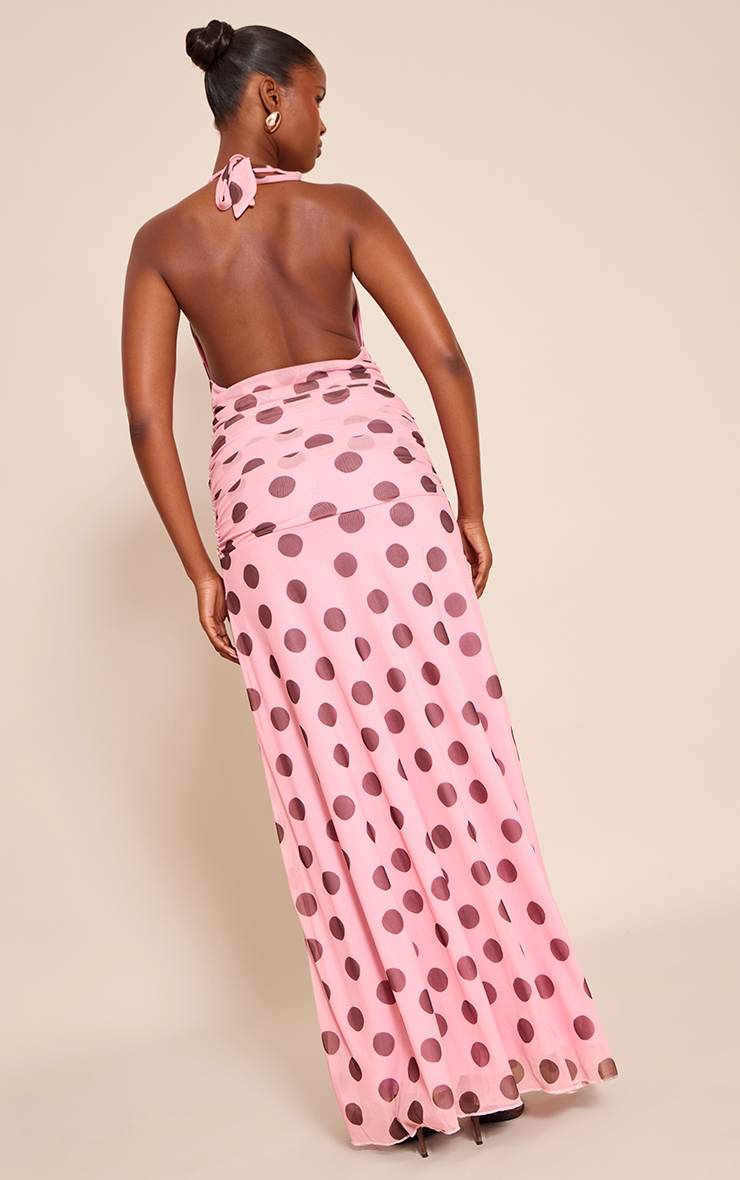Rose Robe Longue En Mousseline À Pois Et Col Licou