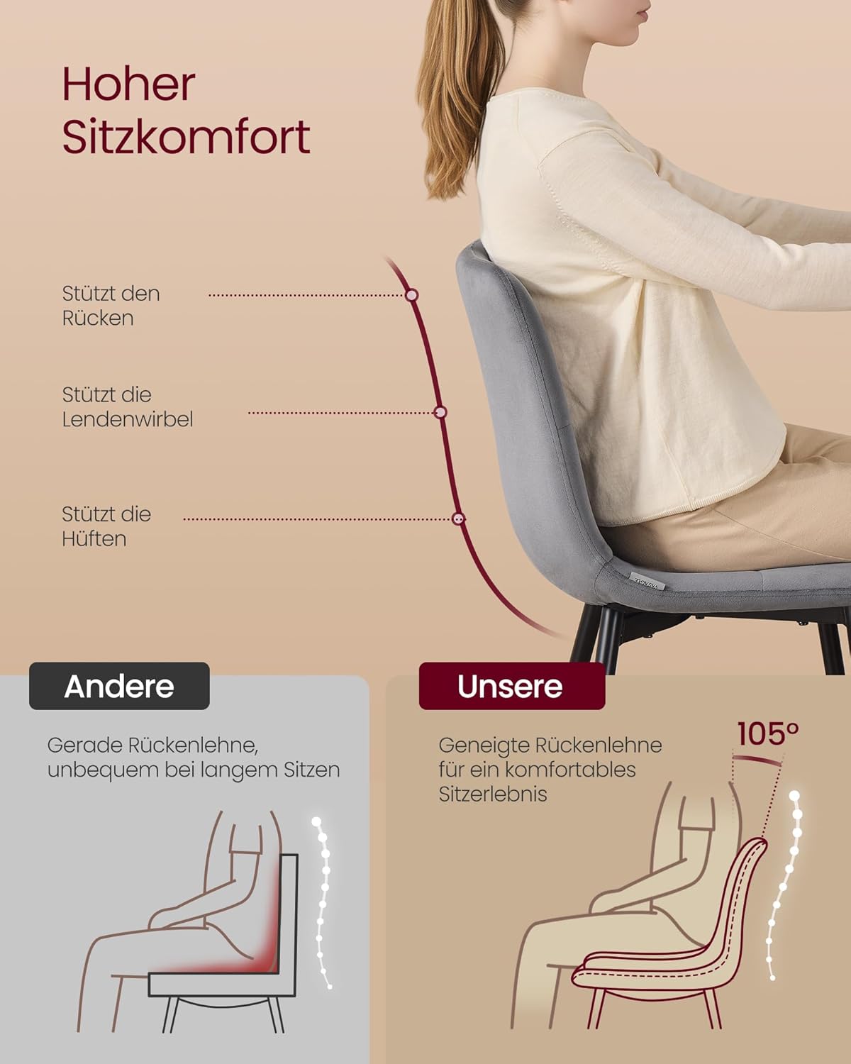 VASAGLE Esszimmerstühle Samt, Küchenstühle bis 120 kg belastbar, Sessel mit verstellbaren Füßen, modern, gepolstert, für Wohnzimmer, 4er Set, schiefergrau KDC080GN01