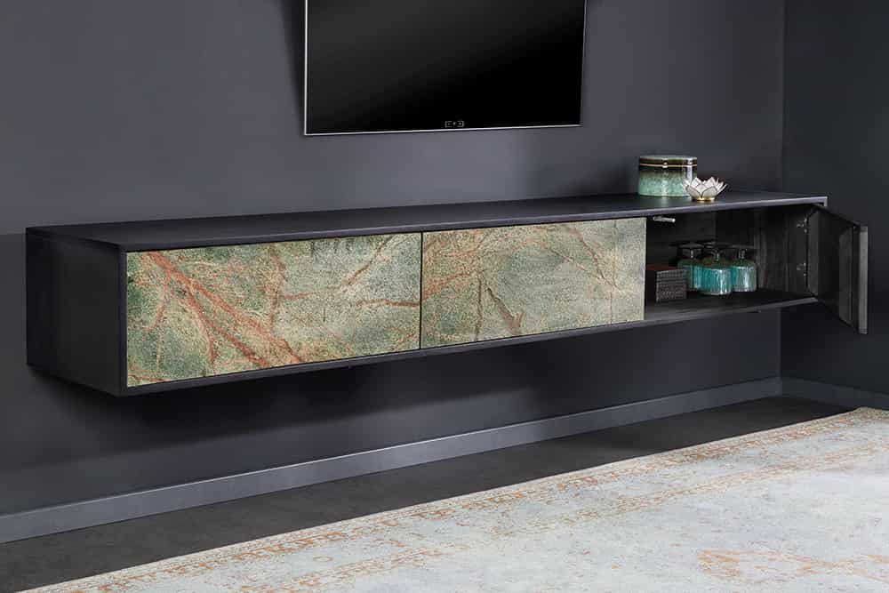 Massivholz TV Lowboard MOUNTAIN SOUL 200cm echter Naturstein Akazie schwarz hängend / stehend
