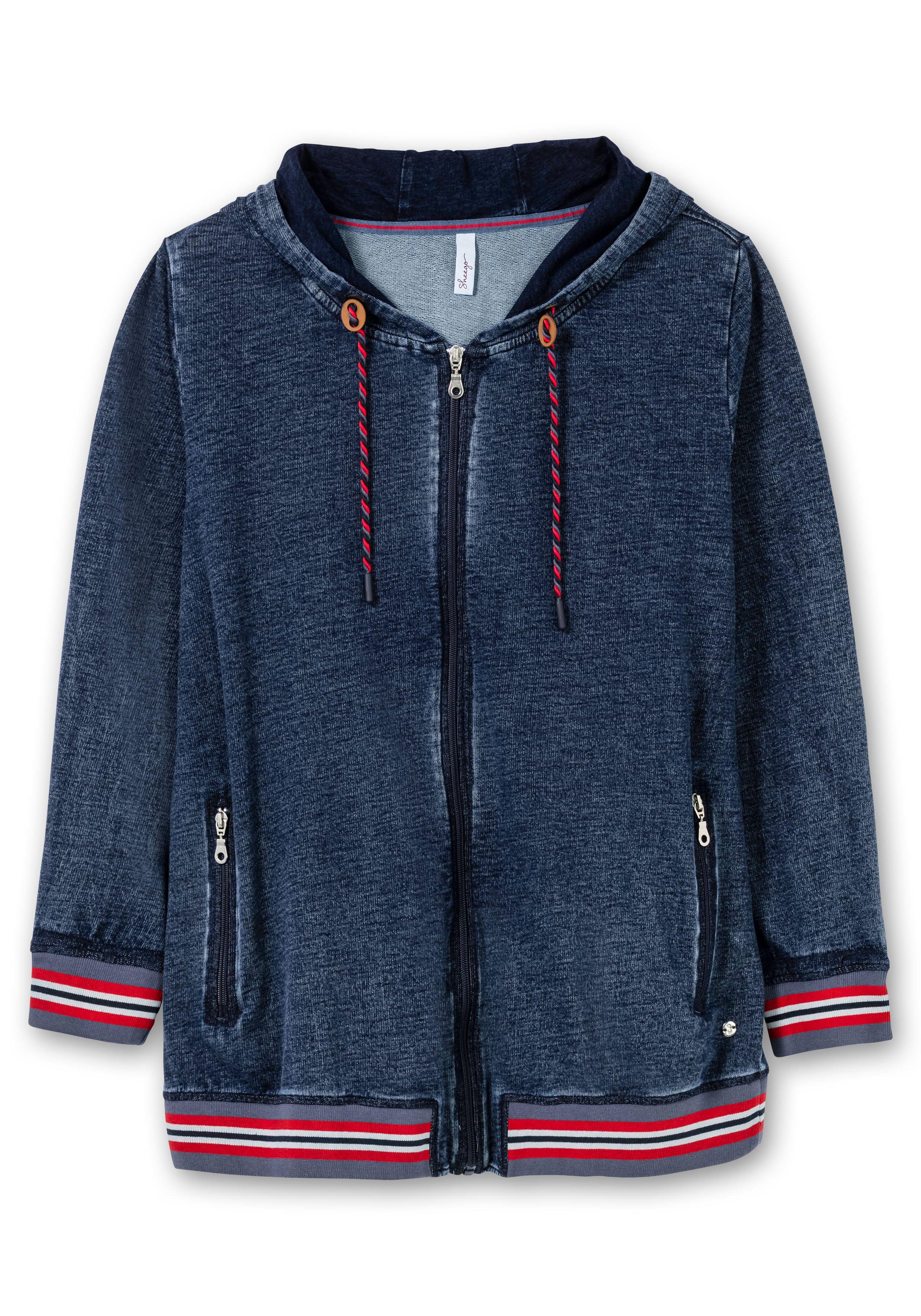 Sweatjacke in Denim-Optik, mit Streifenbündchen