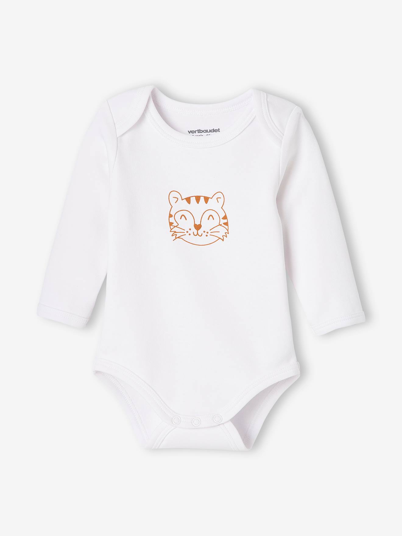 Conjunto de 5 bodies de manga comprida com estampa de animais e abertura estilo americano, para recém-nascidos, nas cores branco claro e bicolor/multicolorido.